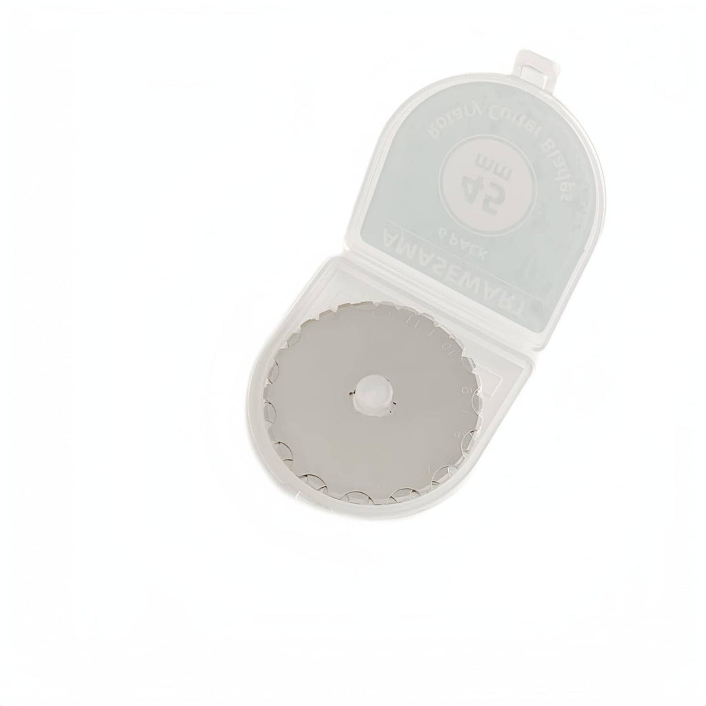 Single 45mm skip-stitch rotary cutter blade disc in a clear storage case