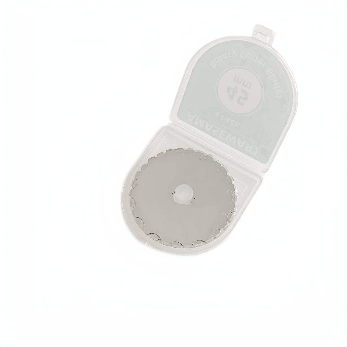Single 45mm skip-stitch rotary cutter blade disc in a clear storage case
