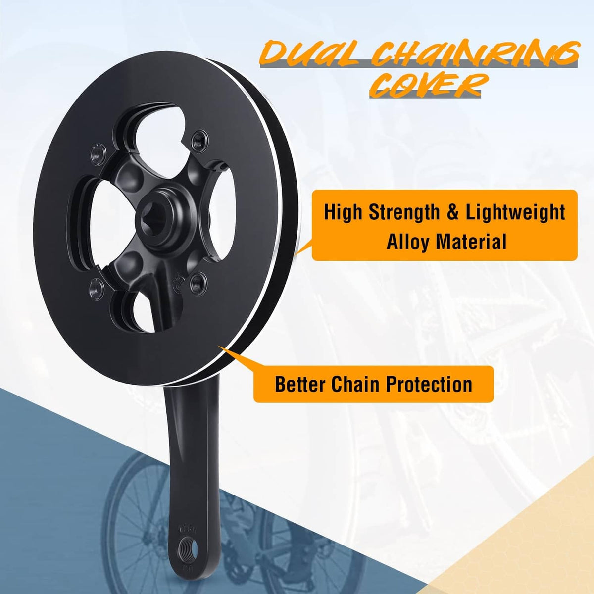 Black dual-chainring-cover style crankset with chainring and crank arms