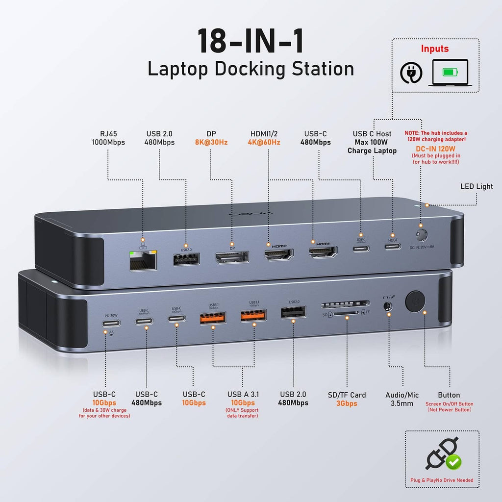 Gray docking station with front port panel and status lights for 18-in-1 connectivity.