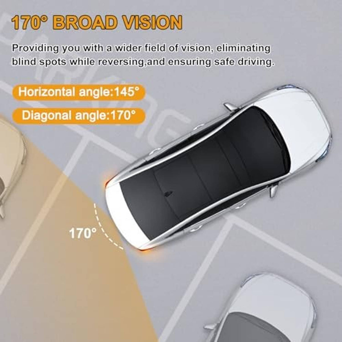 Rear tailgate handle backup camera with wide-angle view over a parking space