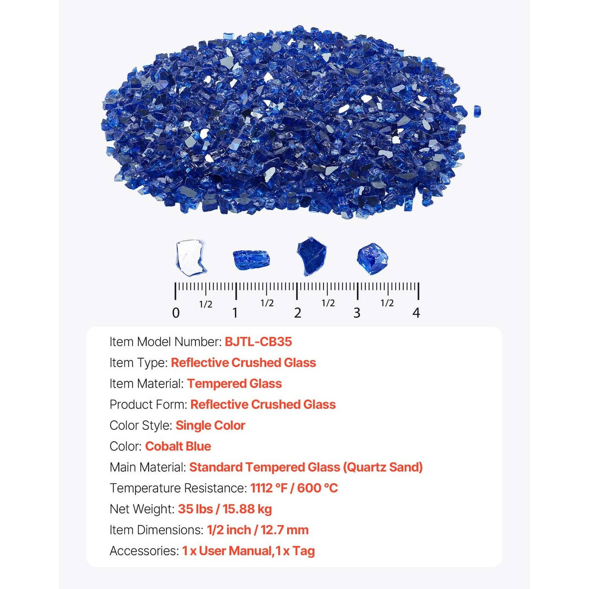 Cobalt blue crushed glass rocks with measuring scale and specification card