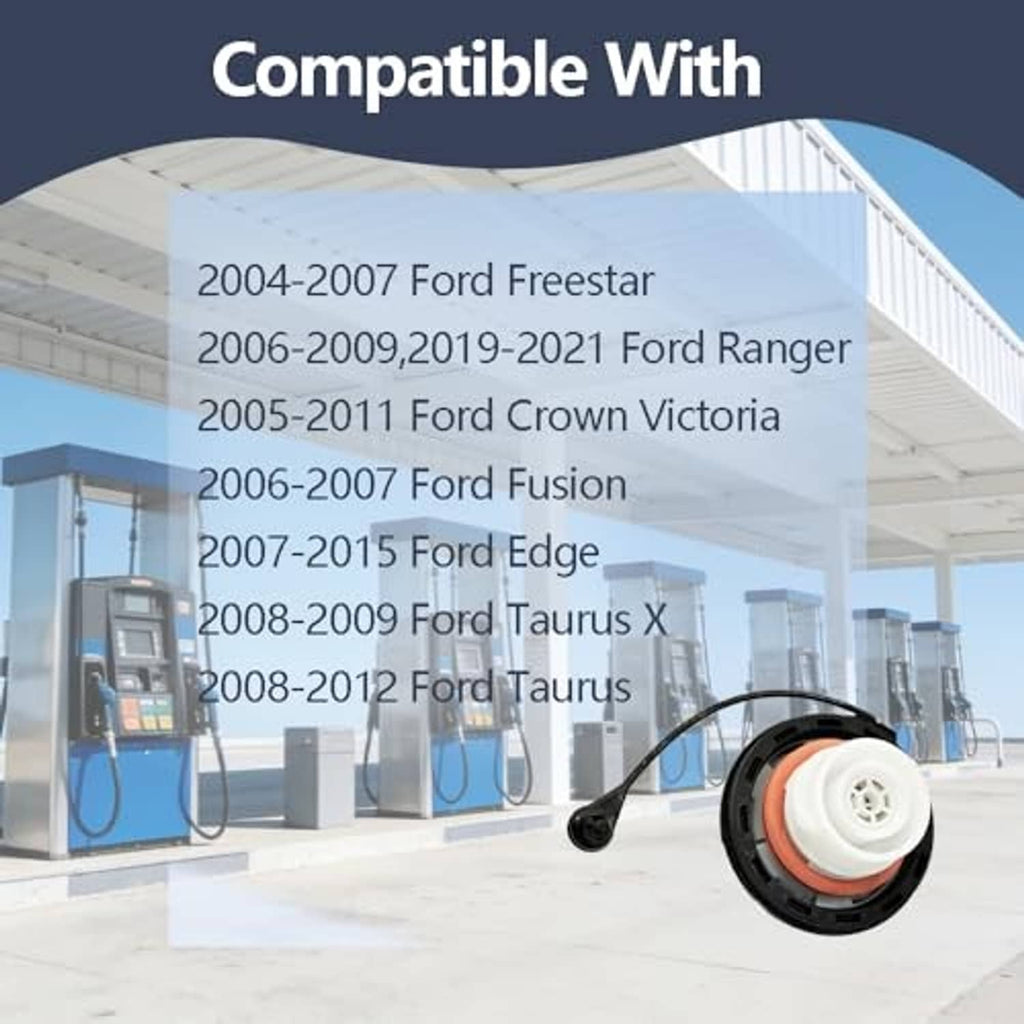 Gas tank cap with tether and orange sealing ring, shown beside compatibility chart graphic