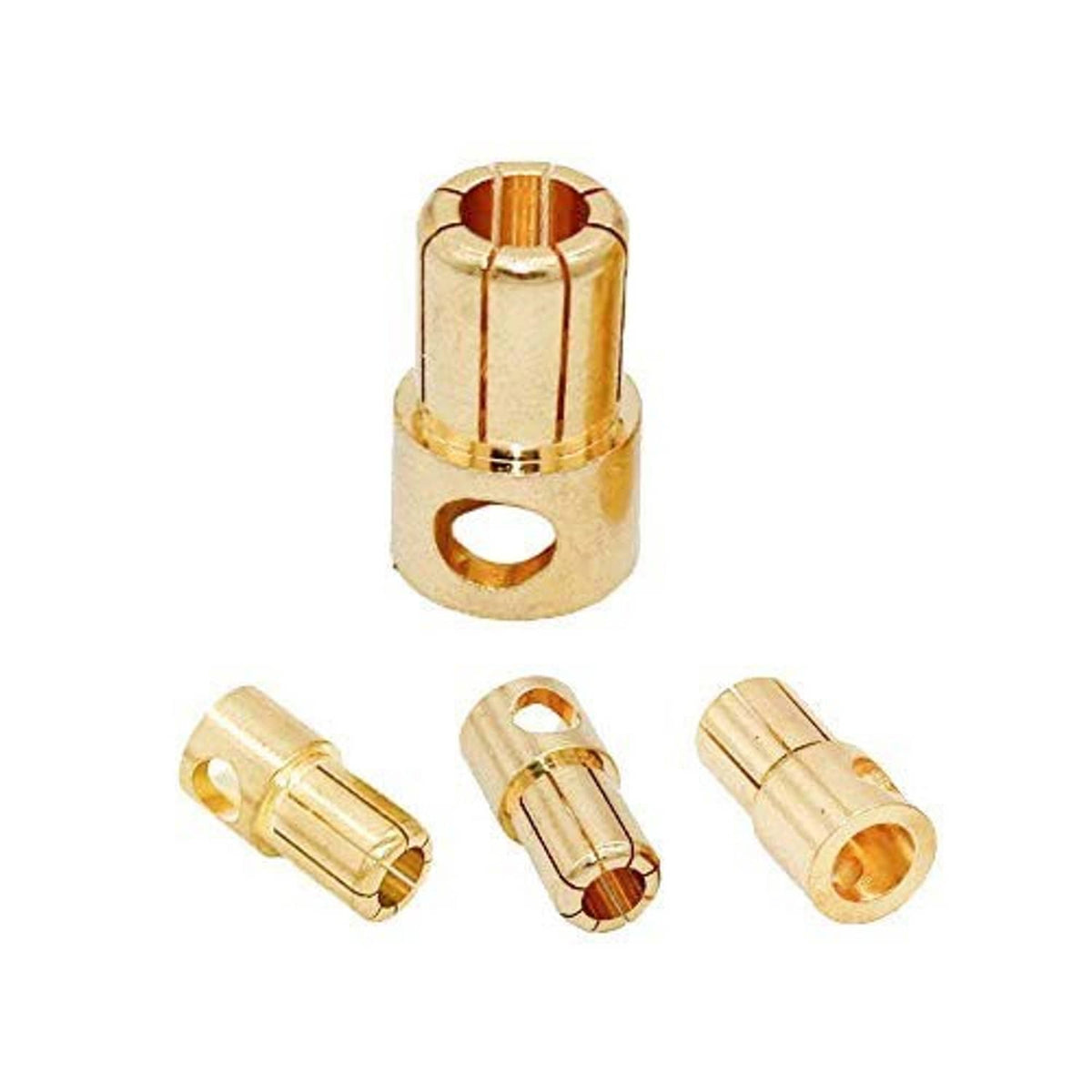 Gold-plated 8mm male and female bullet banana plug connectors, close-up