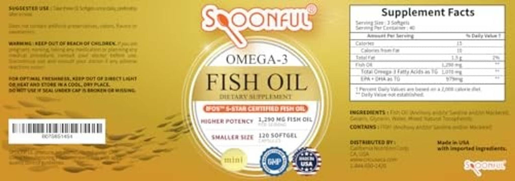 Omega-3 fish oil supplement facts and label on back of mini bottle