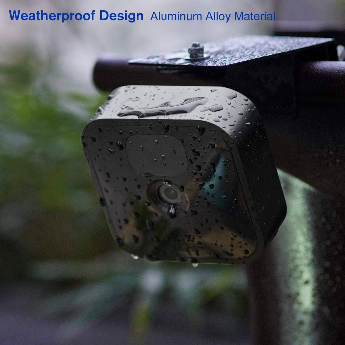 Weatherproof black camera housing on mounting plate with raindrops