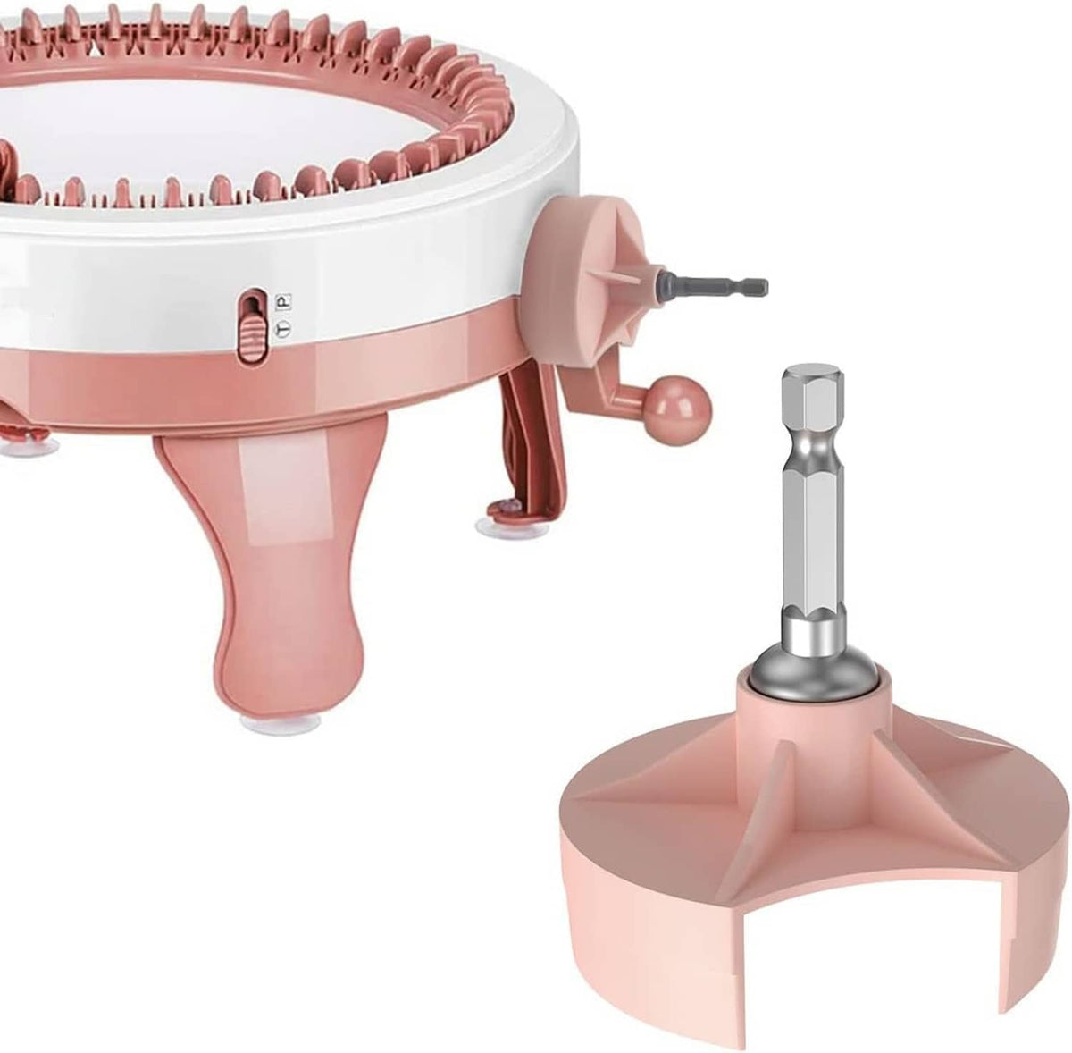 Knitting machine adapter with pink clamp, black bit, and silver hex bit holder