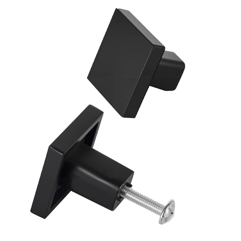 Square cabinet knob with black finish and threaded mounting bolt, zinc alloy