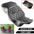 Black motorcycle 2-up rider seat, diamond quilt stitching, white piping, contoured shape