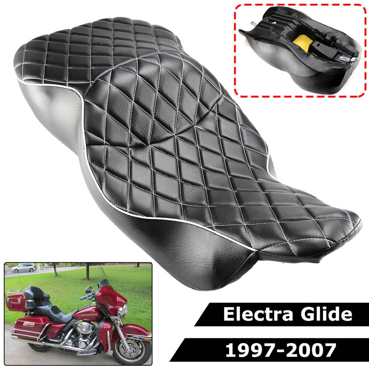 Black motorcycle 2-up rider seat, diamond quilt stitching, white piping, contoured shape