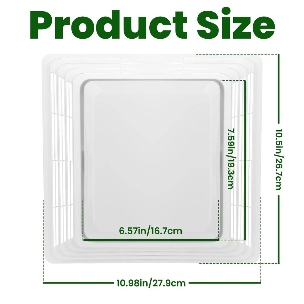White square fan cover grille with outer frame, shown with size diagram