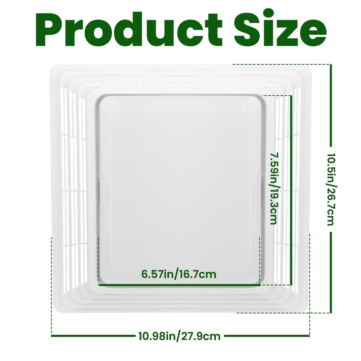 White square fan cover grille with outer frame, shown with size diagram