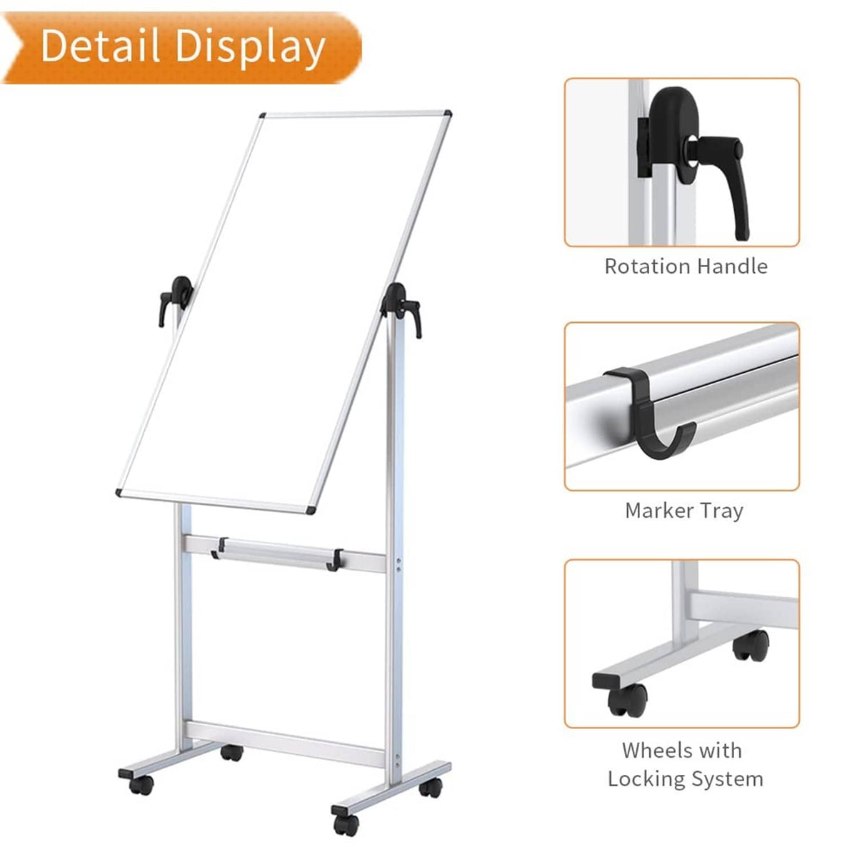 Mobile whiteboard with rotation handle, marker tray, and locking wheels detail.
