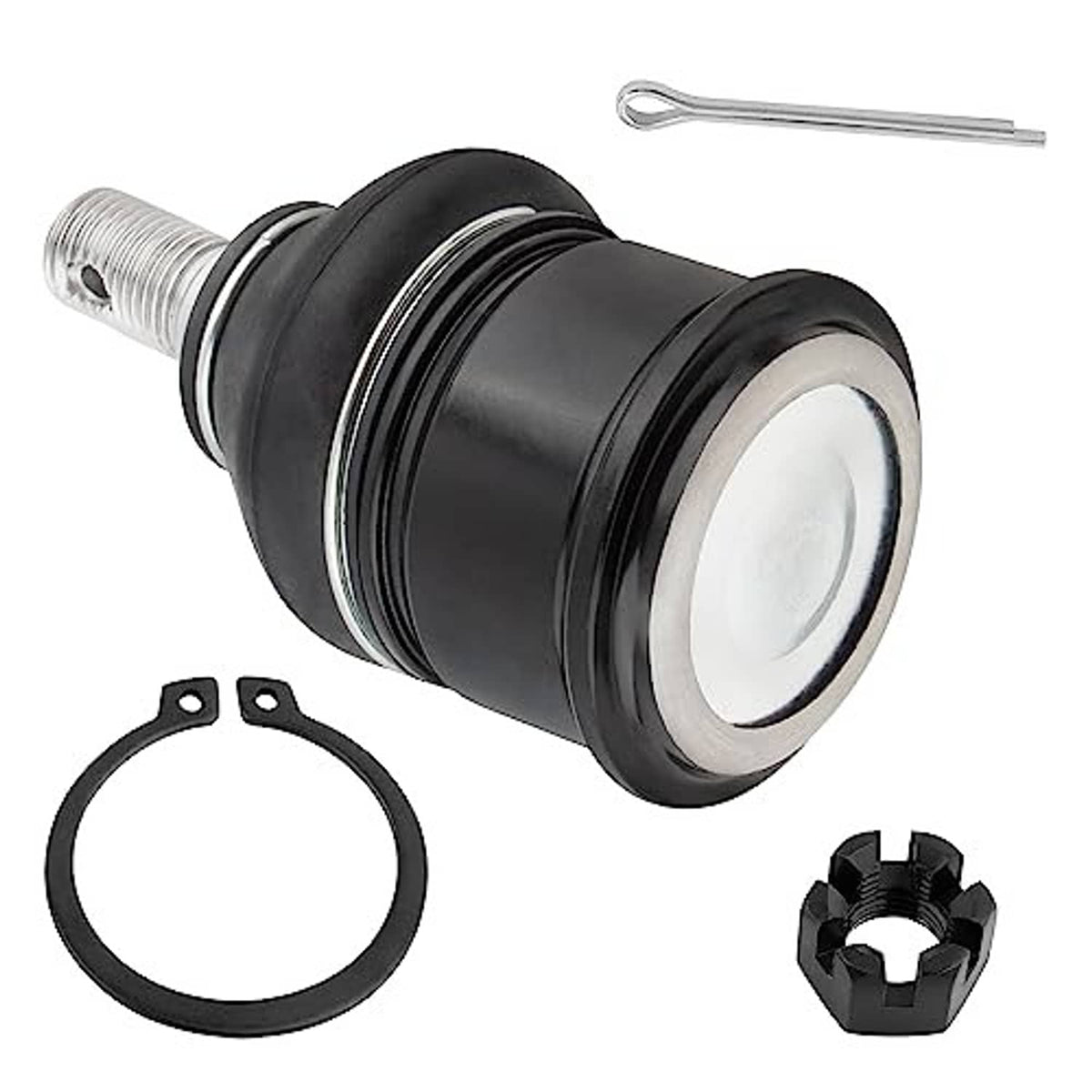 Front ball joint with rubber boot, retaining ring, and threaded mounting stud