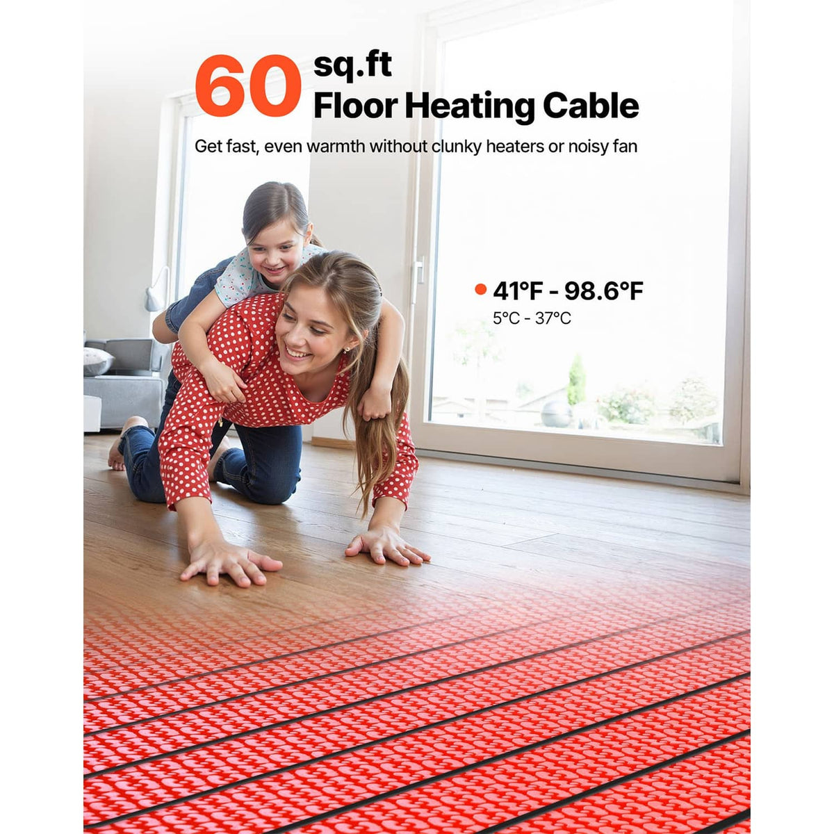 Red floor heating cable laid in parallel lines on a light wood floor