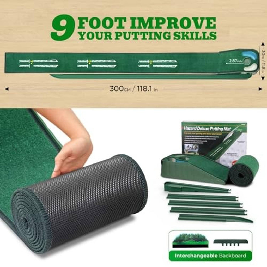 Green putting mat set with rolled mat, included hazard pieces, and marked practice length.