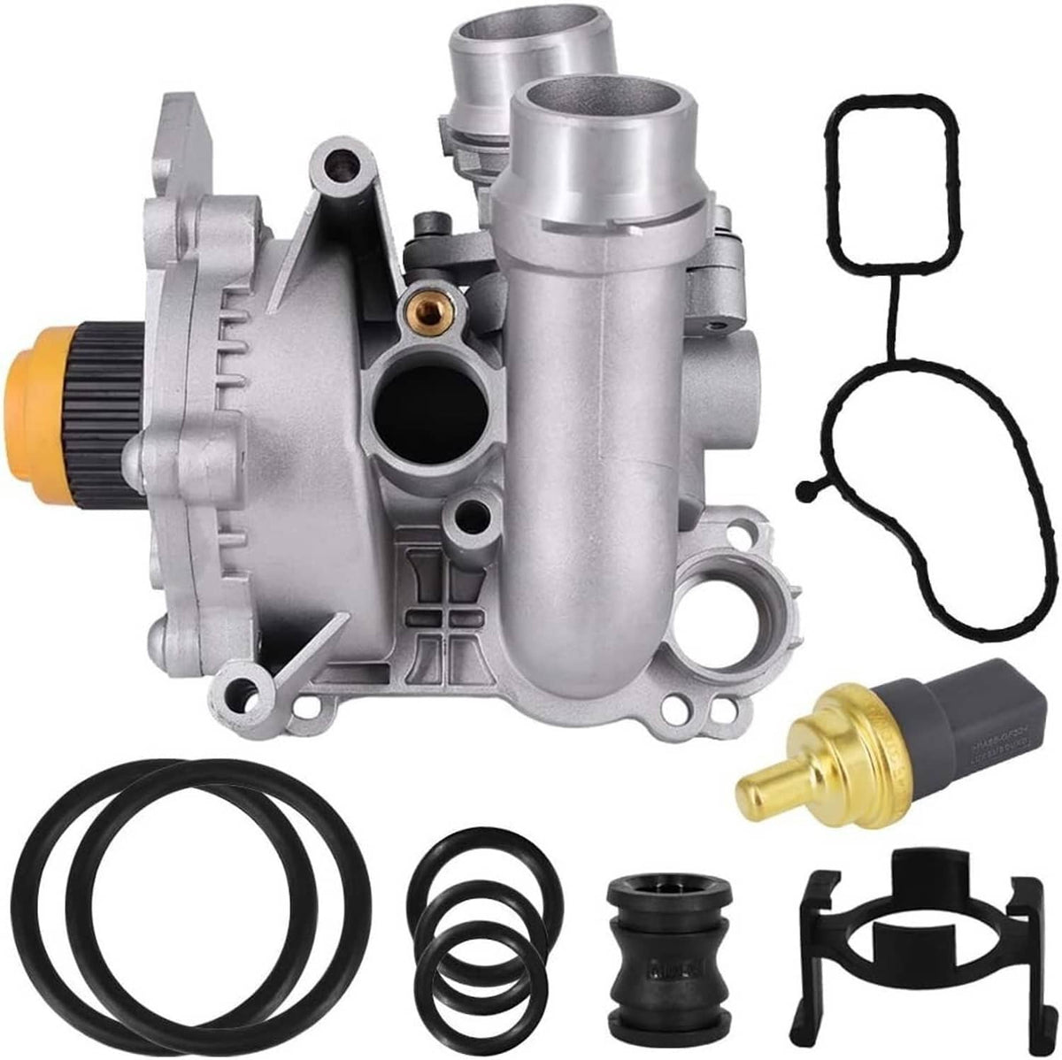 Metal water pump and thermostat with black drive gear and included seals and cover