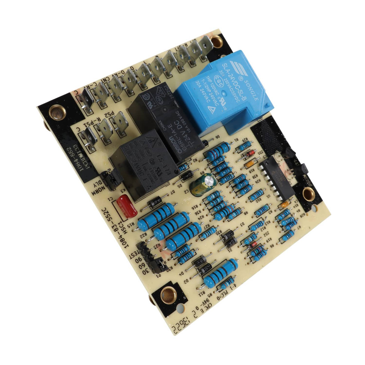 Defrost control board PCB with blue relay and dense resistor array