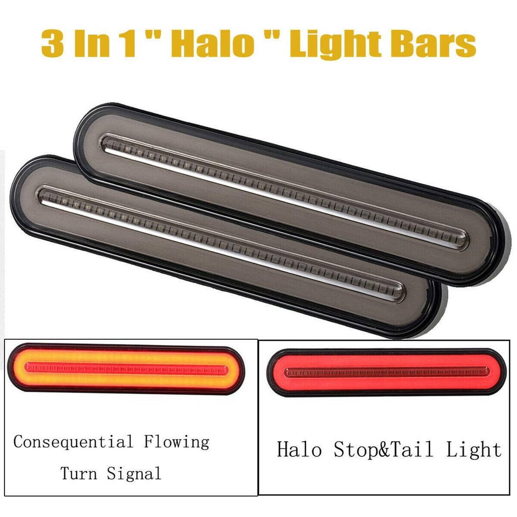 Pair of slim LED light bars with black frame and clear lenses, red and amber effects