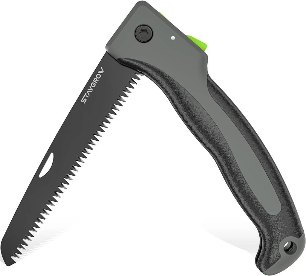 Folding hand pruning saw with black grip and serrated blade, dark gray handle