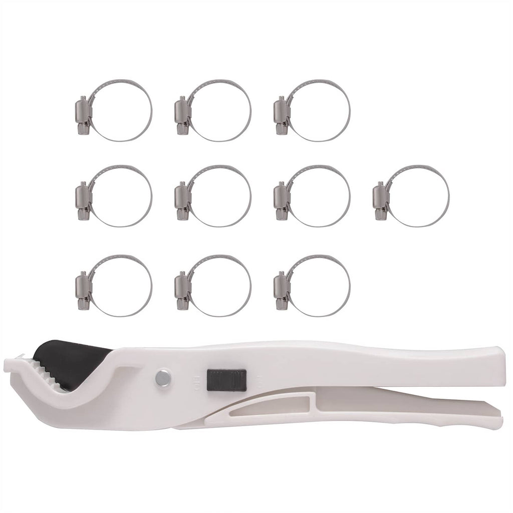 White PEX-B pipe cutter tool with stainless steel clamp rings