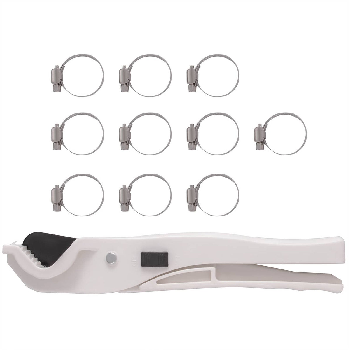 White PEX-B pipe cutter tool with stainless steel clamp rings