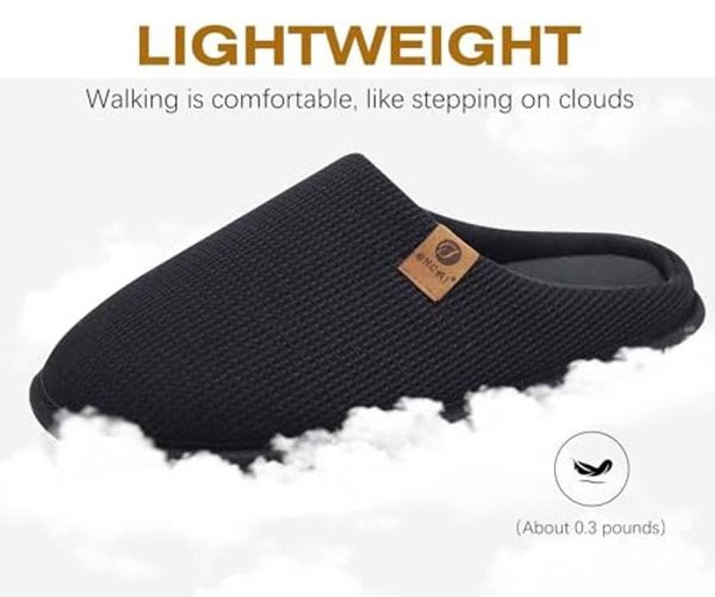Black lightweight waffle fleece house slipper with cushioned footbed and slip-on fit.