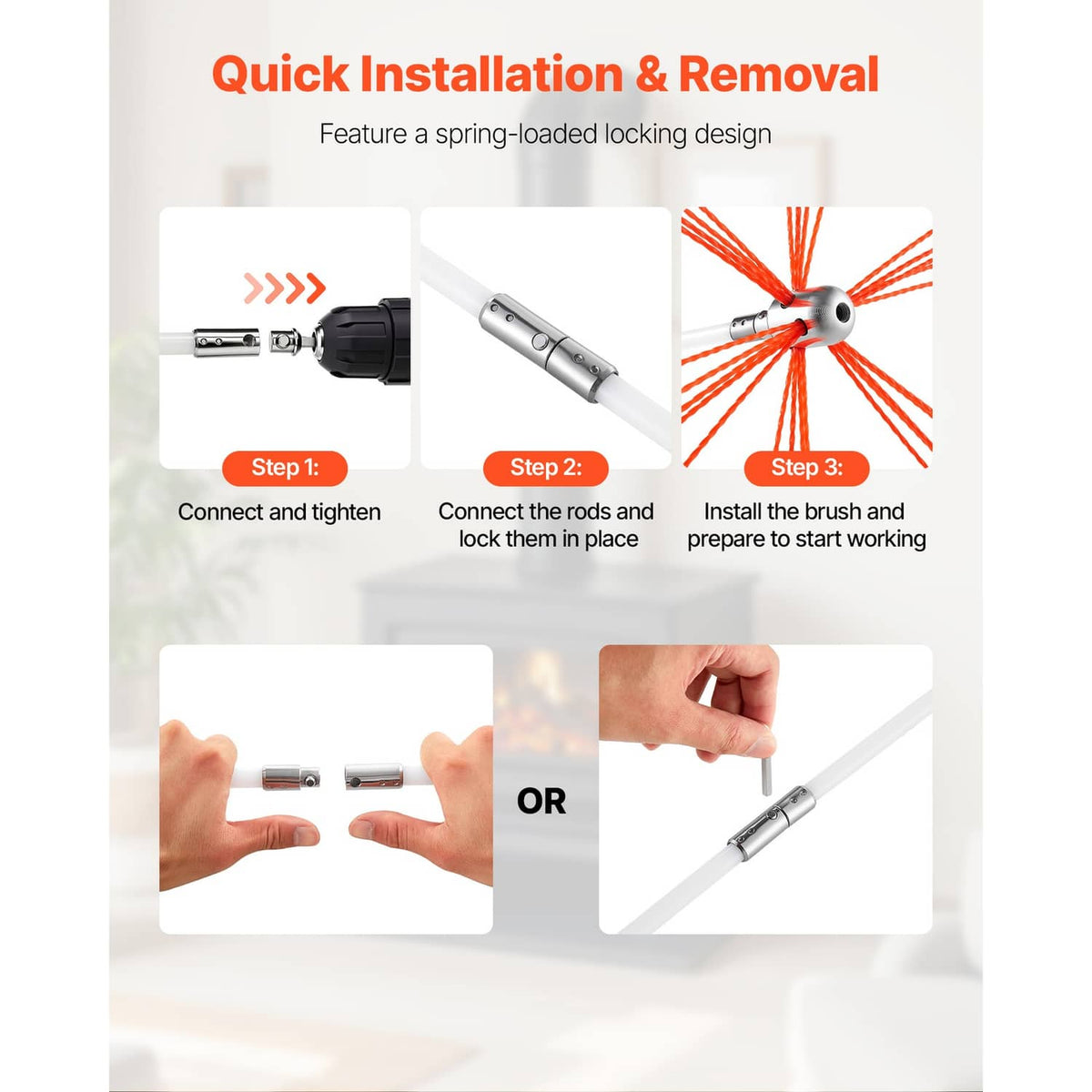 Chimney cleaning kit with spring-loaded docking connector and orange bristle brush head