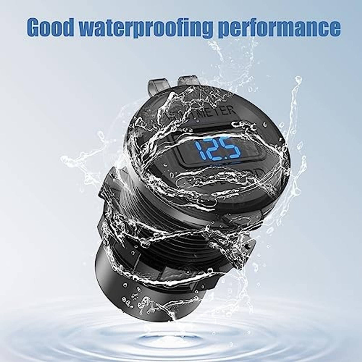 Black 12V waterproof round car USB socket with blue LED display and PD USB-C port