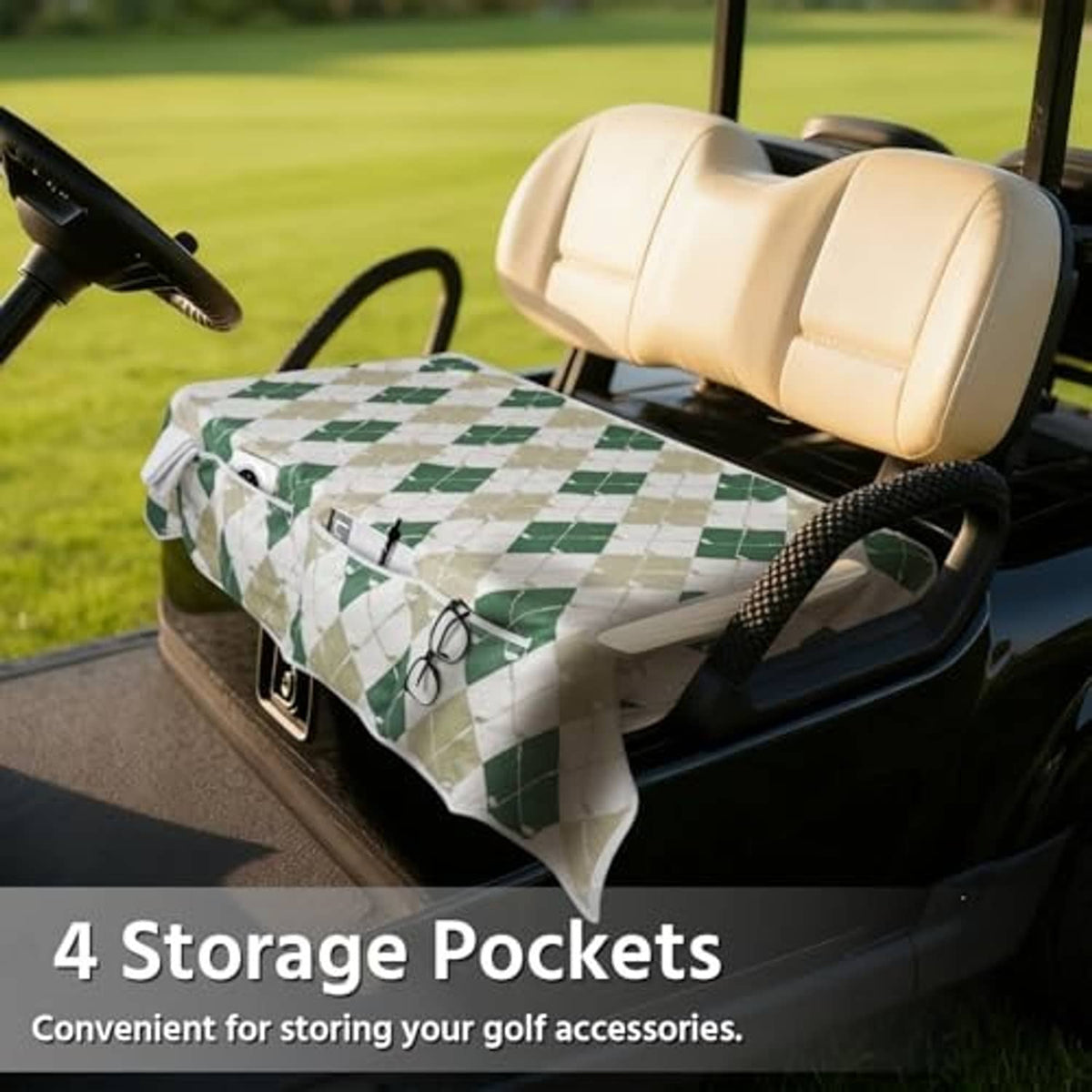 Universal golf cart seat cover with green-and-cream argyle pattern on beige bench