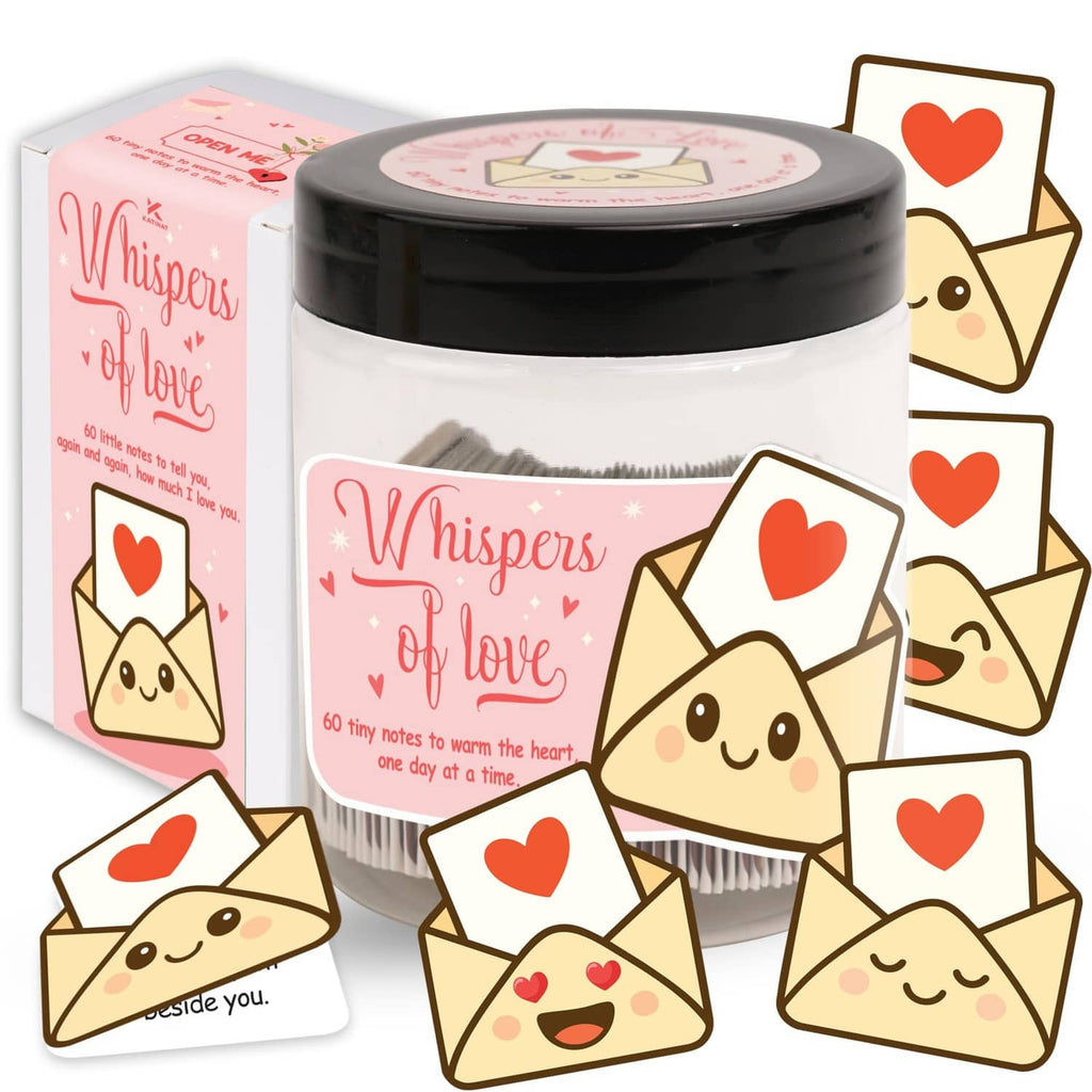 Pink-and-white note jar with black lid, cartoon envelopes and red heart icons
