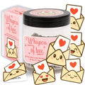 Pink-and-white note jar with black lid, cartoon envelopes and red heart icons