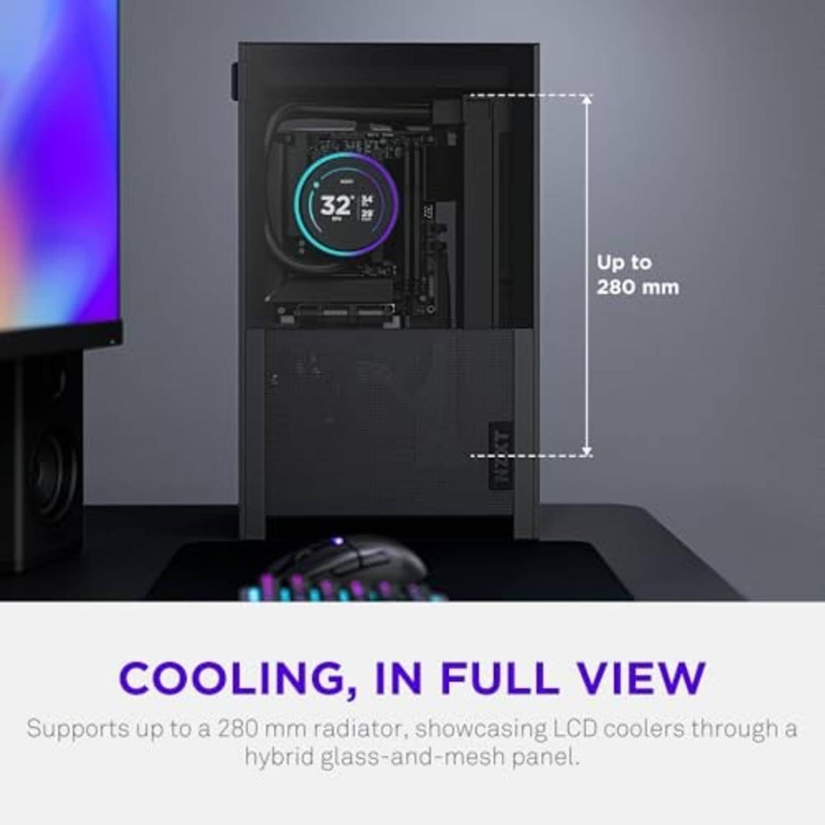 Black Mini-ITX PC case with open side panel, motherboard visible behind glass front