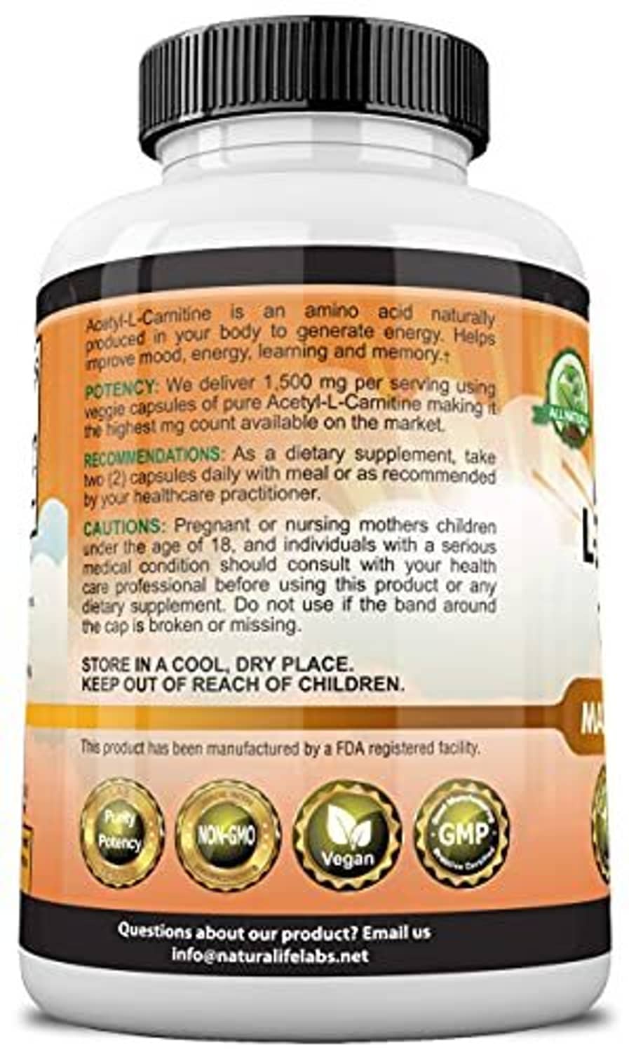 Supplement bottle label with black cap and white container, nutritional info panel visible.