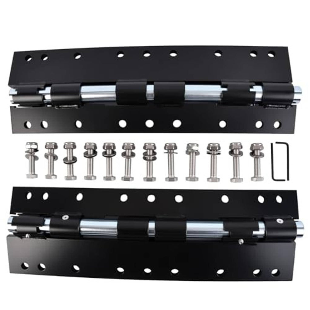 Black bracket plates with pivot arms, predrilled holes, mounting bolts and hex key