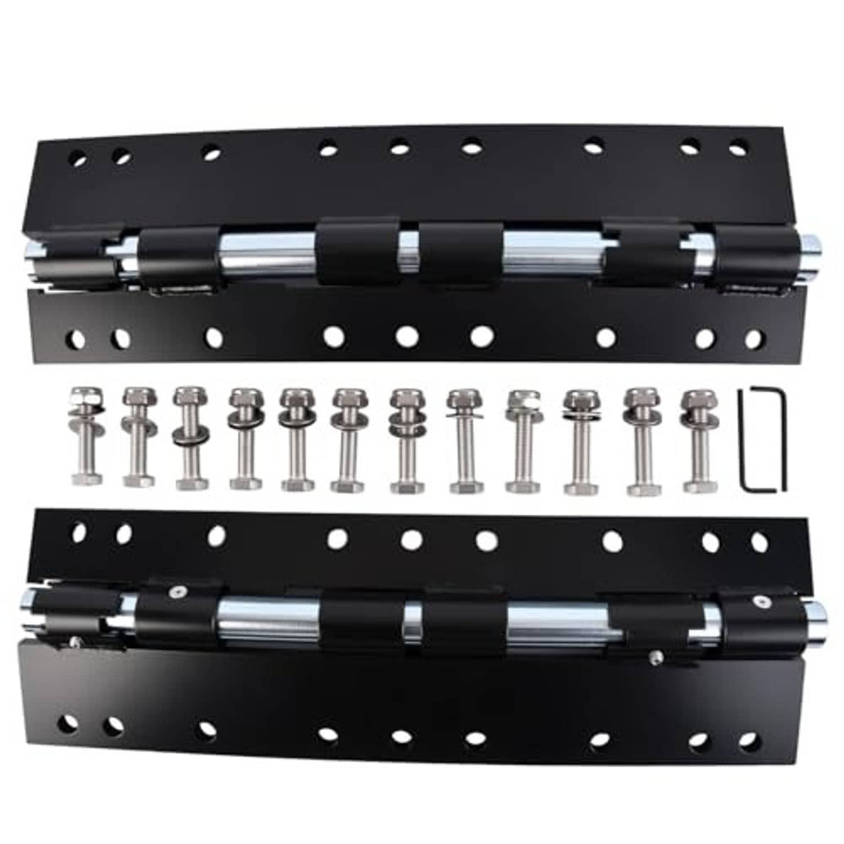 Black bracket plates with pivot arms, predrilled holes, mounting bolts and hex key