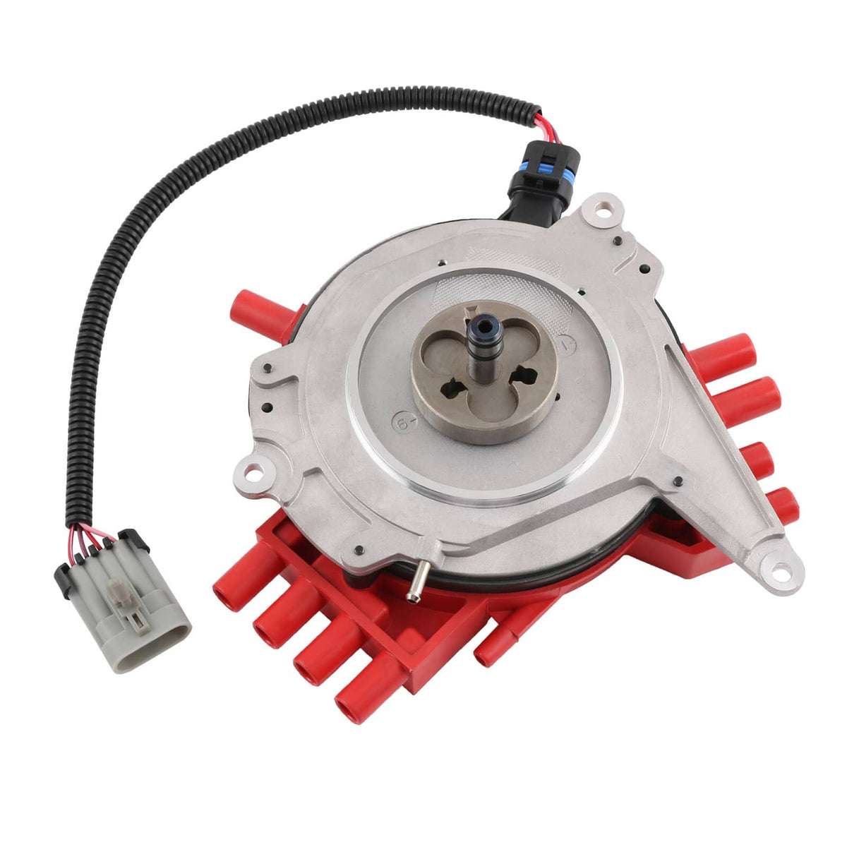 Ignition distributor module with circular rotor opening, red terminal posts, black wire leads