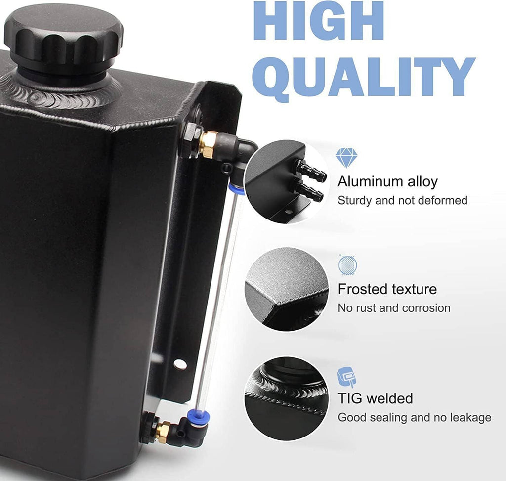 Black coolant overflow tank with frosted texture, TIG-welded seams, and cap