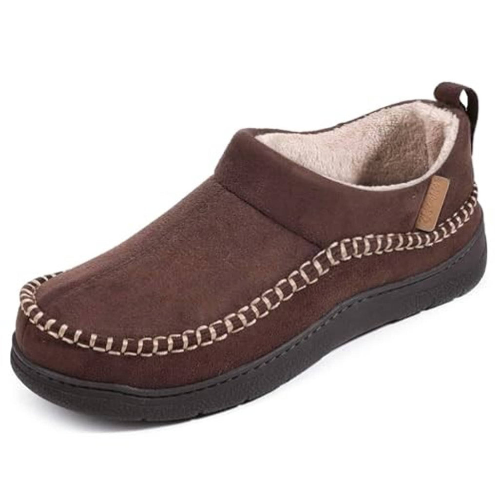 Men’s brown suede moccasin-style house slippers with fleece-lined collar and stitched edges