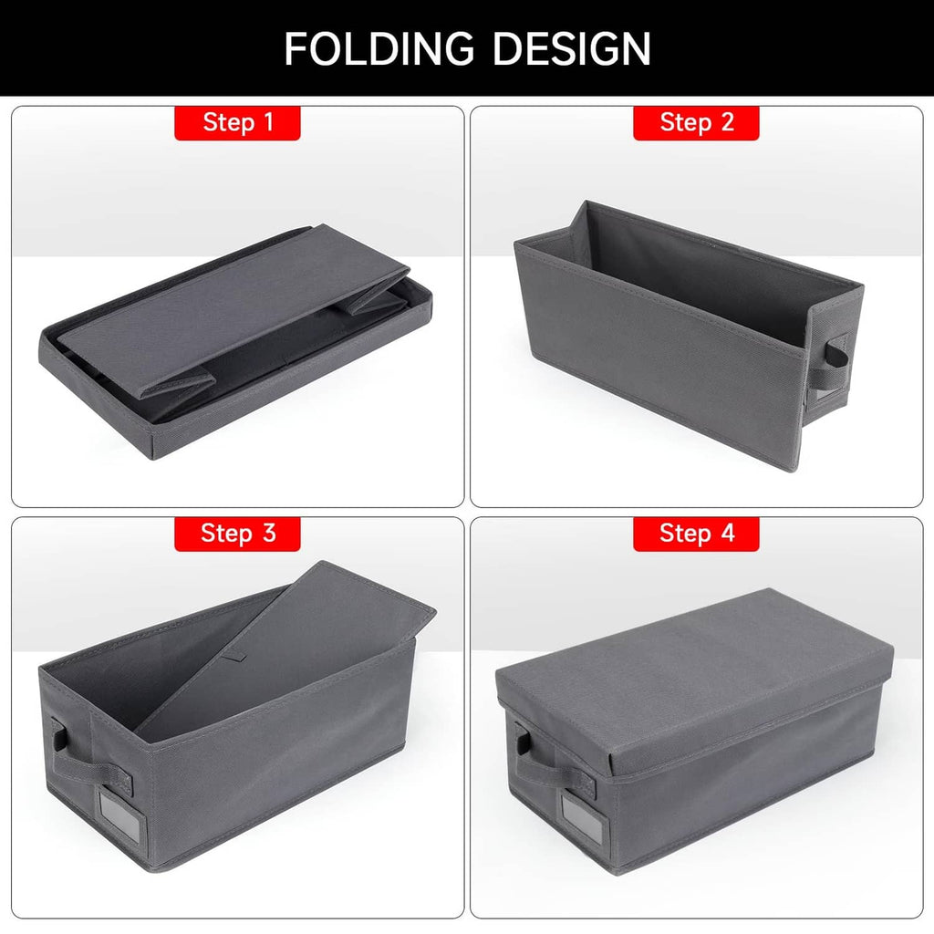 Grey foldable DVD storage case in steps view, with side handle and lid