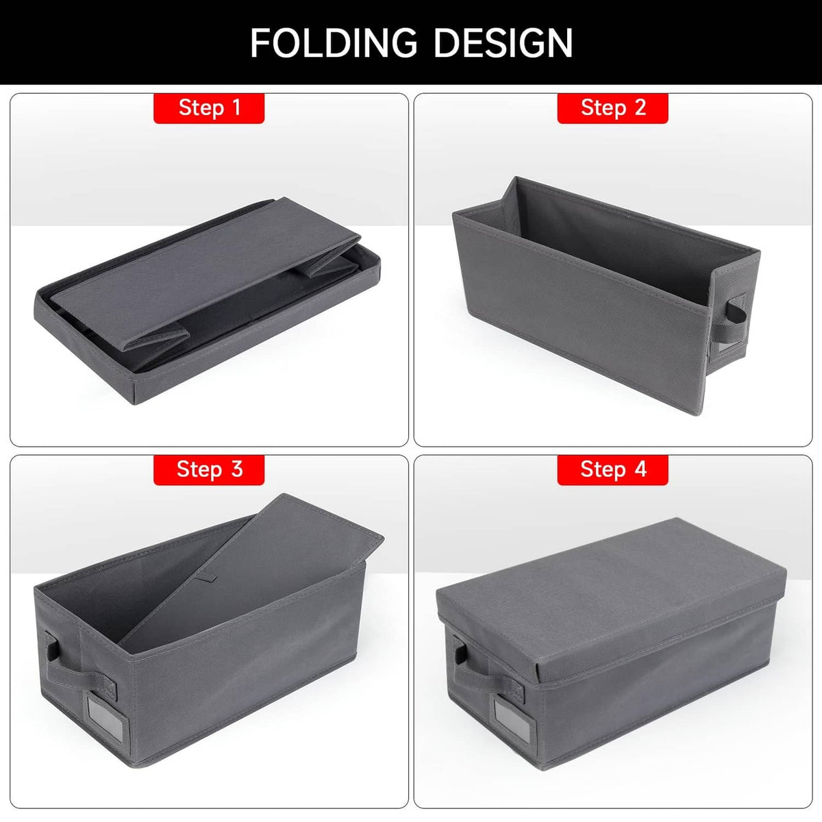 Grey foldable DVD storage case in steps view, with side handle and lid