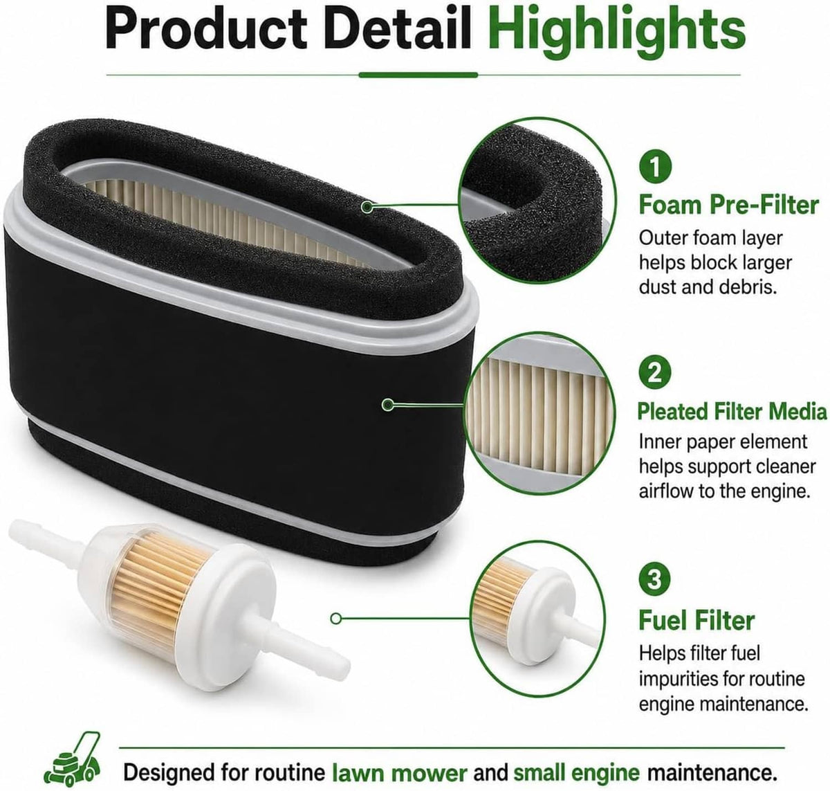 Air filter kit with black foam pre-filter, pleated paper element, and white fuel filter