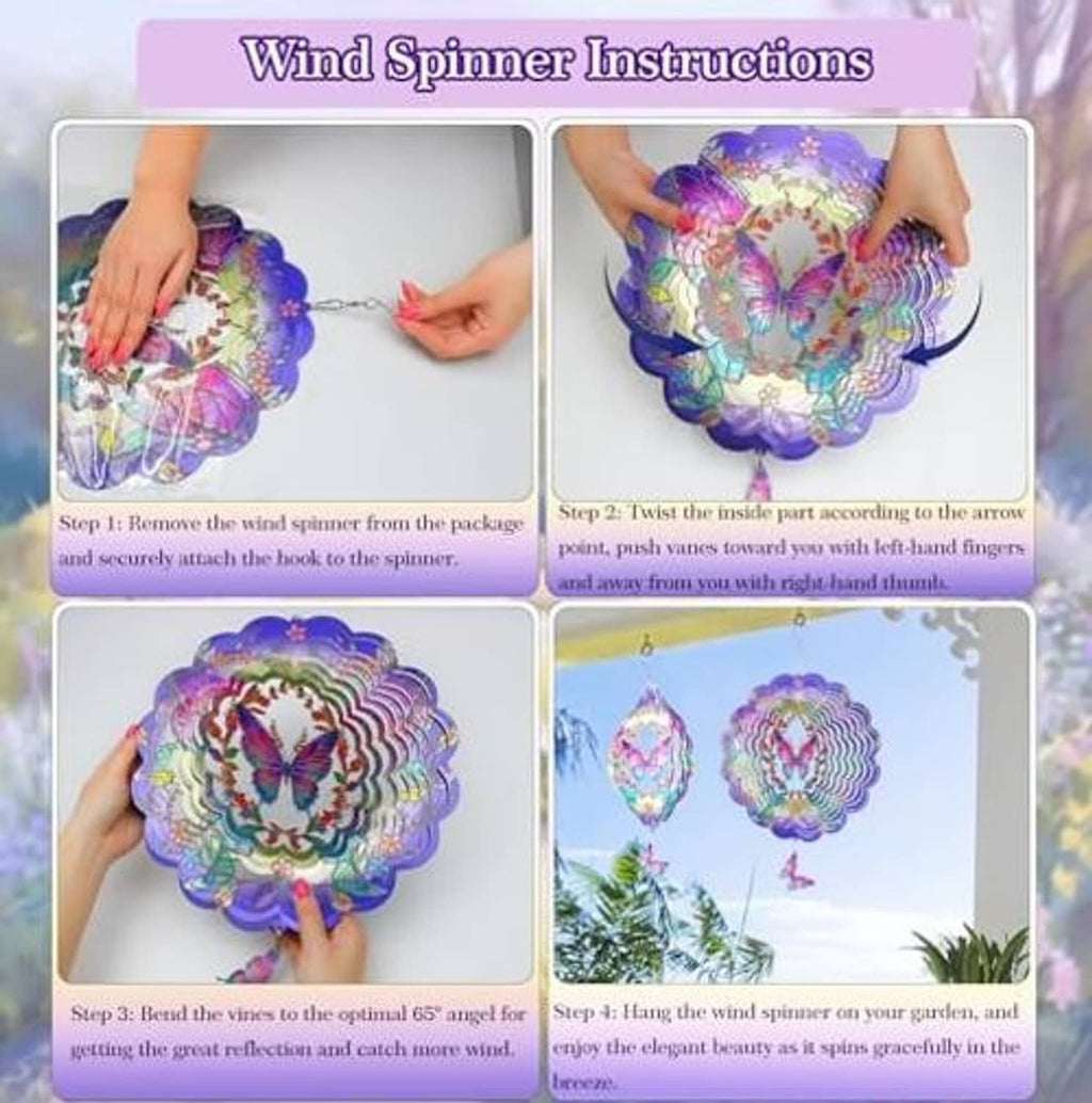Butterfly wind spinner shown with hands holding purple 3D metal rosette