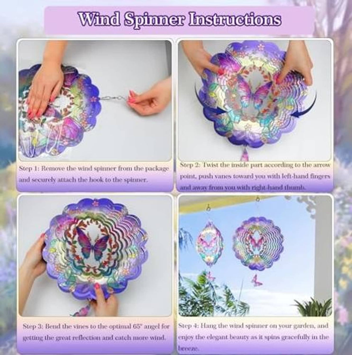 Butterfly wind spinner shown with hands holding purple 3D metal rosette
