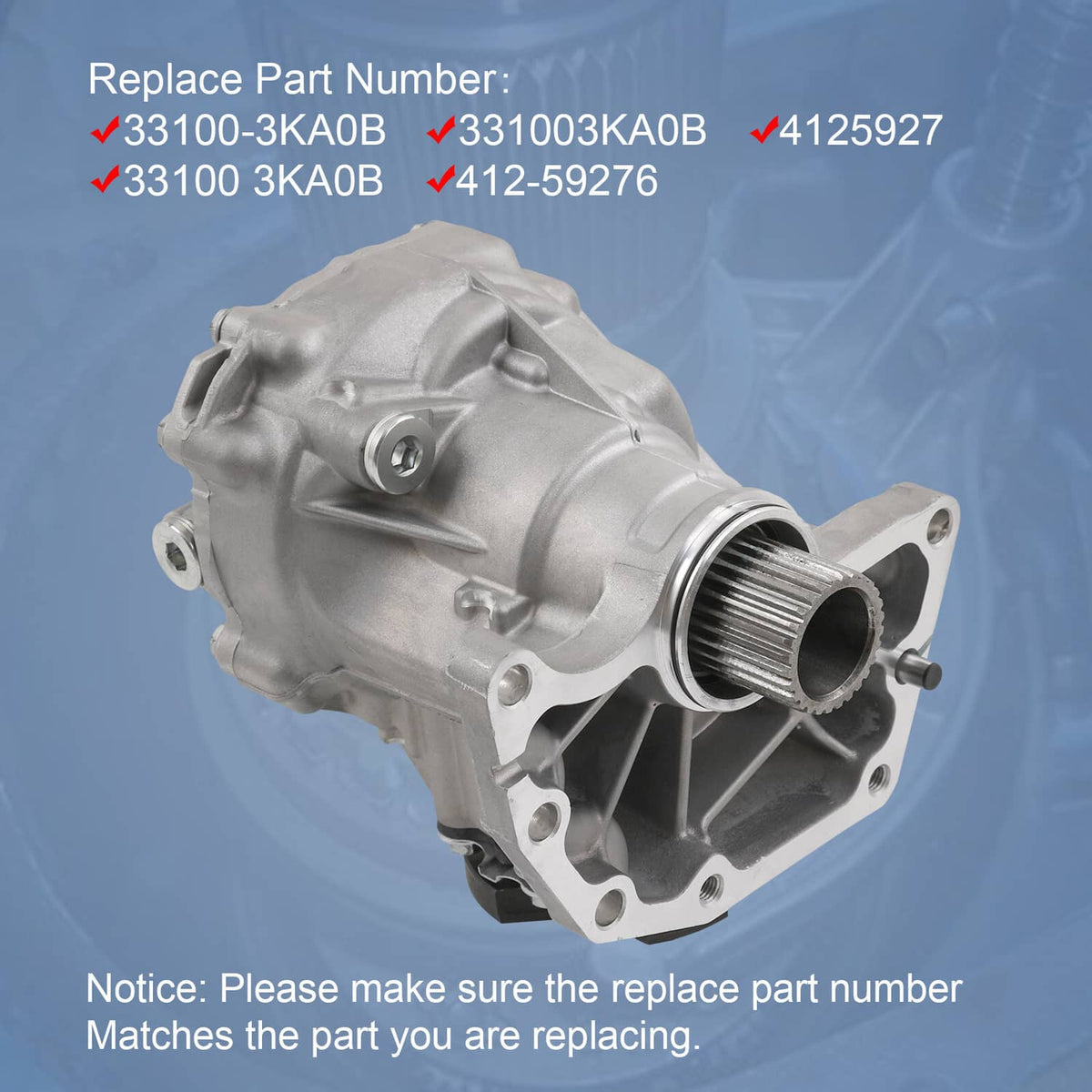 Transfer case housing with splined output shaft, angled view