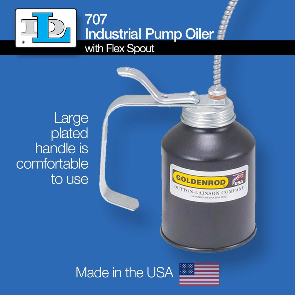 Black pump oiler with large plated handle, flexible spout, and screw cap
