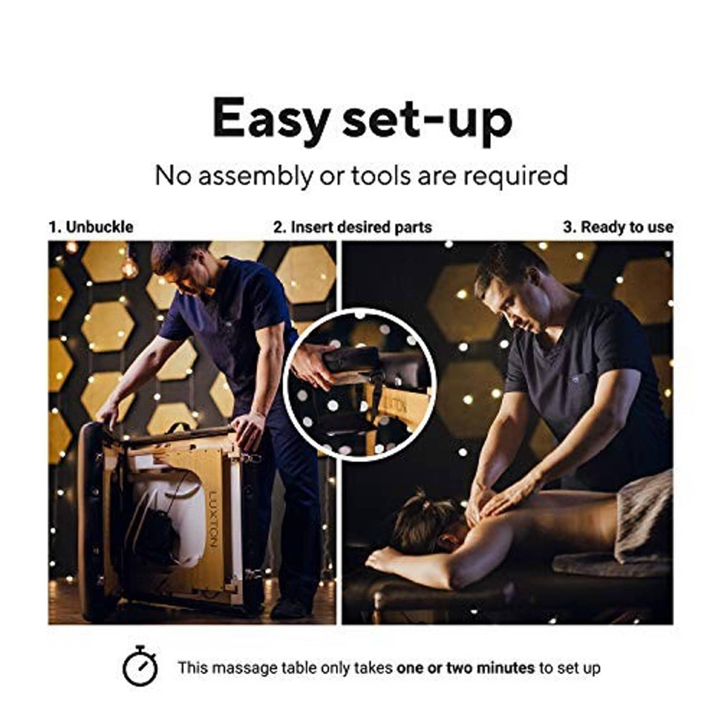 Massage table setup: black travel case open with wooden frame and foam bed