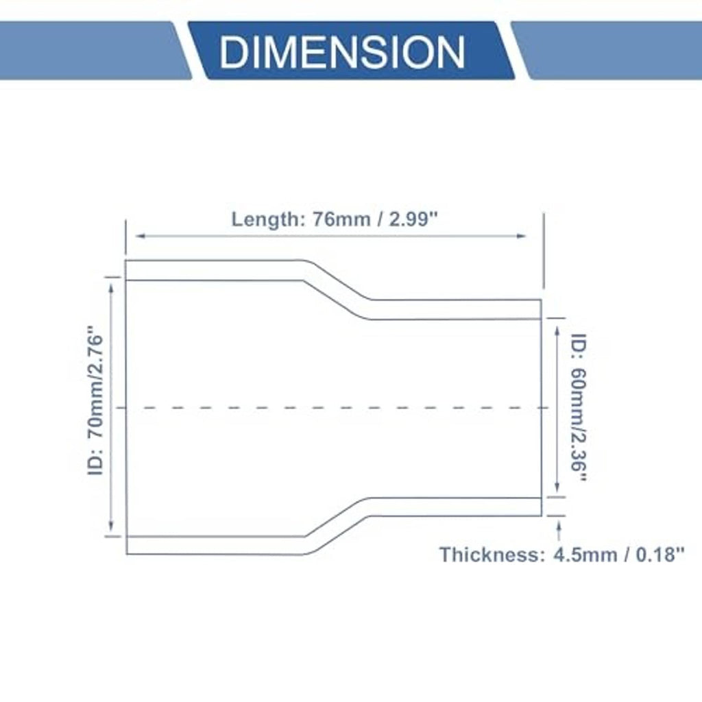 Straight silicone hose reducer dimension diagram with length and thickness measurements