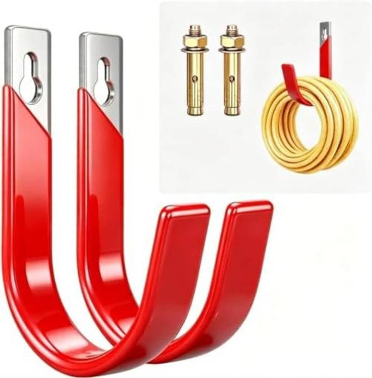 Two red U-shaped metal garage hooks with silver back plates, plus mounting screws and hose