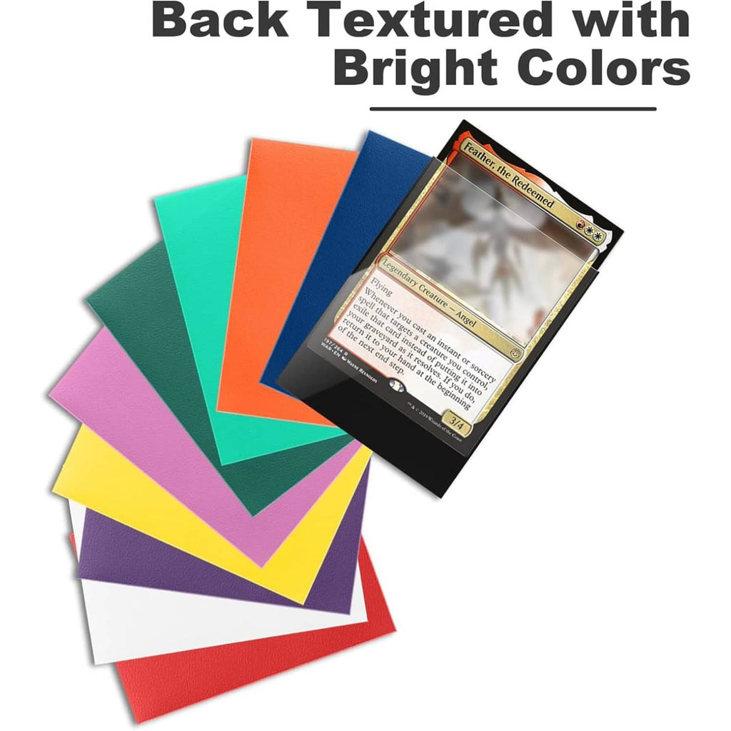 Trading card sleeves with bright colored textured backs and clear front windows
